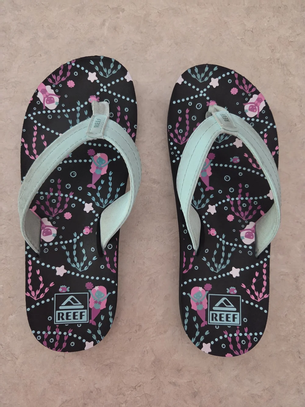 Reef Kids Mint Strap Flip Flops with Black Mermaid Print